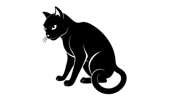 Black Cat Silhouette Sitting on White